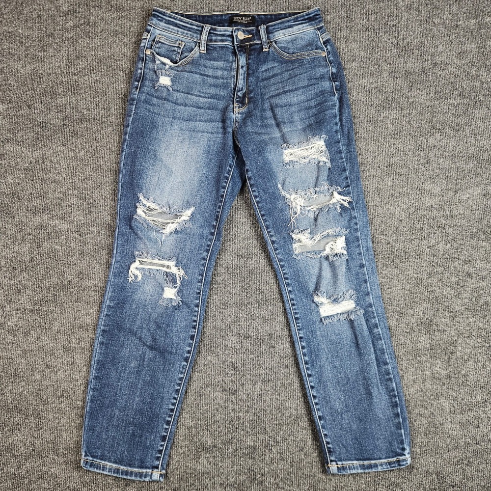 Judy Blue Boyfriend Fit Jeans Women's 5/ 27 Distressed High Rise Dark Wash Denim